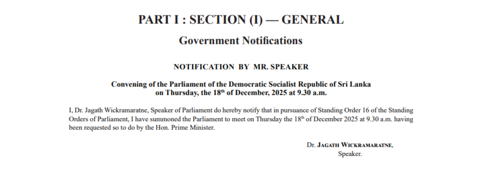 Extraordinary Gazette Issued Summoning on 18th